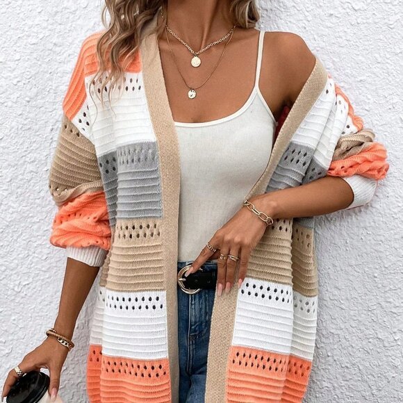 Multicolor Casual Womens Color Block Drop Shoulder Open Front Cardigan - Picture 1 of 5